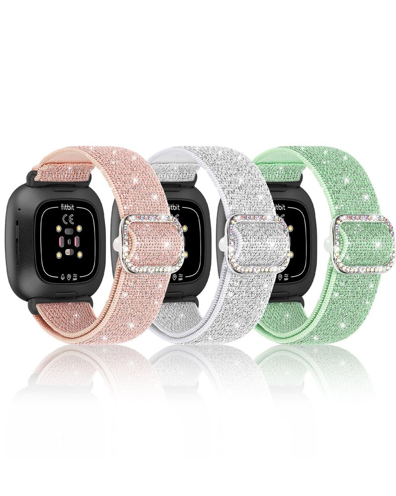 Stretchy Nylon Bands Compatible with Fitbit Versa 3/4 and Sense/Sense 2 Watch Bands, Adjustable Stretchy Bling Wristbands for Women (Pink+Mintgreen+Silverwhite)