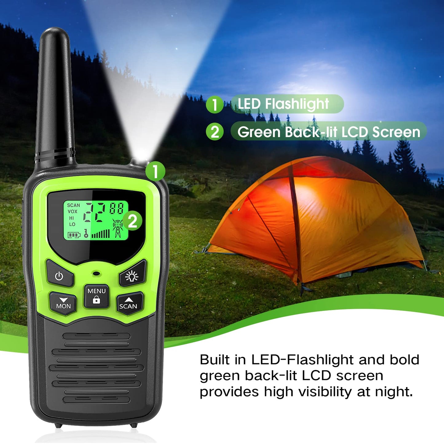 Walkie Talkies,MOICO Long Range Walkie Talkies for Adults Two-Way Radios with 22 Channels FRS VOX Scan LCD Display with LED Flashlight for Field, Survival Biking Hiking Camping 2 Pack (Green)