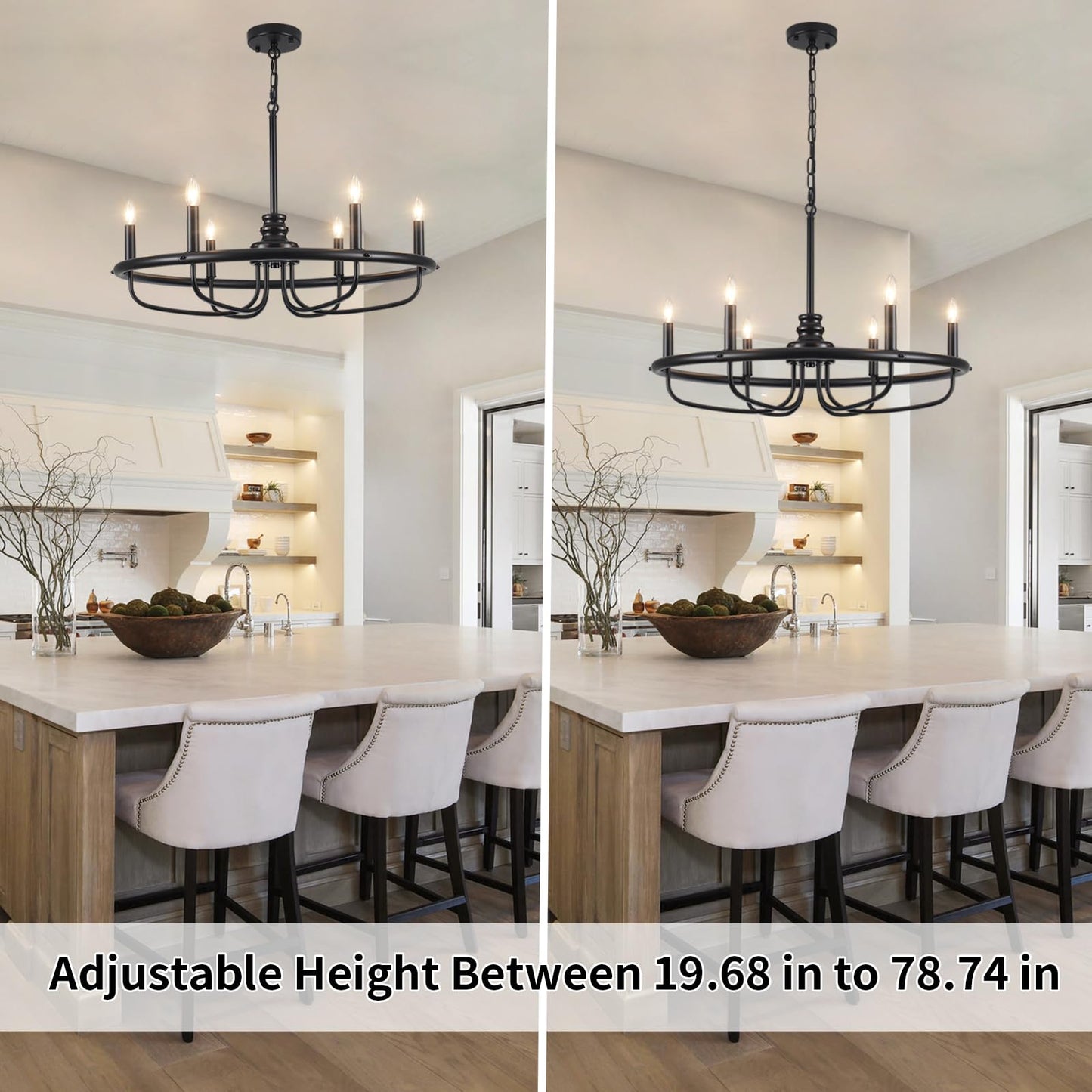 ETONIMERR Black Dining Room Light Fixture 6 Light, Rustic Farmhouse Chandelier Hanging Light Fixture, Metal Candle Kitchen Chandeliers for Living Room Bedroom Foyer