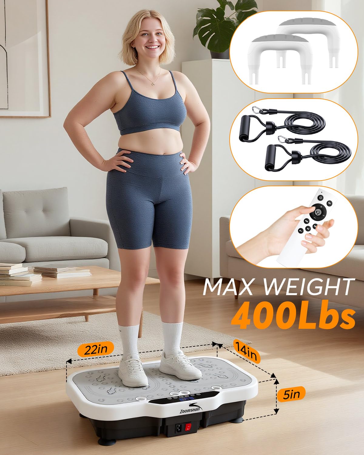 Zoomsnail Vibration Plate Exercise Machine, 8000 Vibrations/min Adjustable Fitness Platform, 400 Lbs Capacity Whole Body Workout Extra Large Size Platform with Bluetooth for Weight Loss, Women & Men