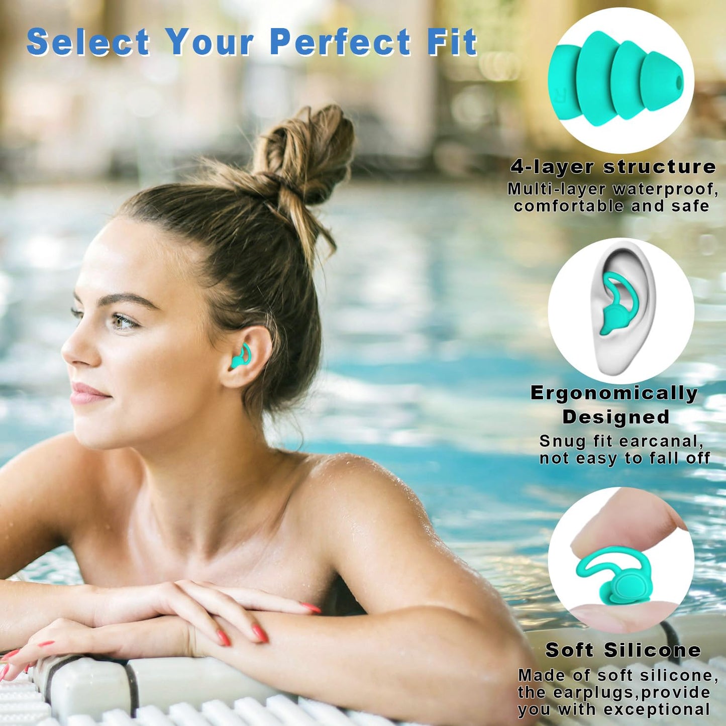 Ear Plugs for Swimming, 3 Pairs Swim EarPlugs, Waterproof Reusable Swim Ear Plugs for Adults, Keep Water Out and Ear Protection, Perfect for Showering, Pool, Diving, and Other Water Sports.