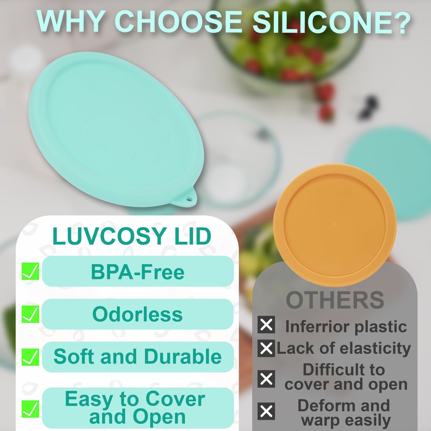 LUVCOSY Silicone Lids Only Fit for Pyrex 7401-S 3 Cup Sculpted Glass Mixing Bowls, 2 Pack Small Size Silicone Covers, Dishwasher & Microwave Safe, Green (Lids Only)