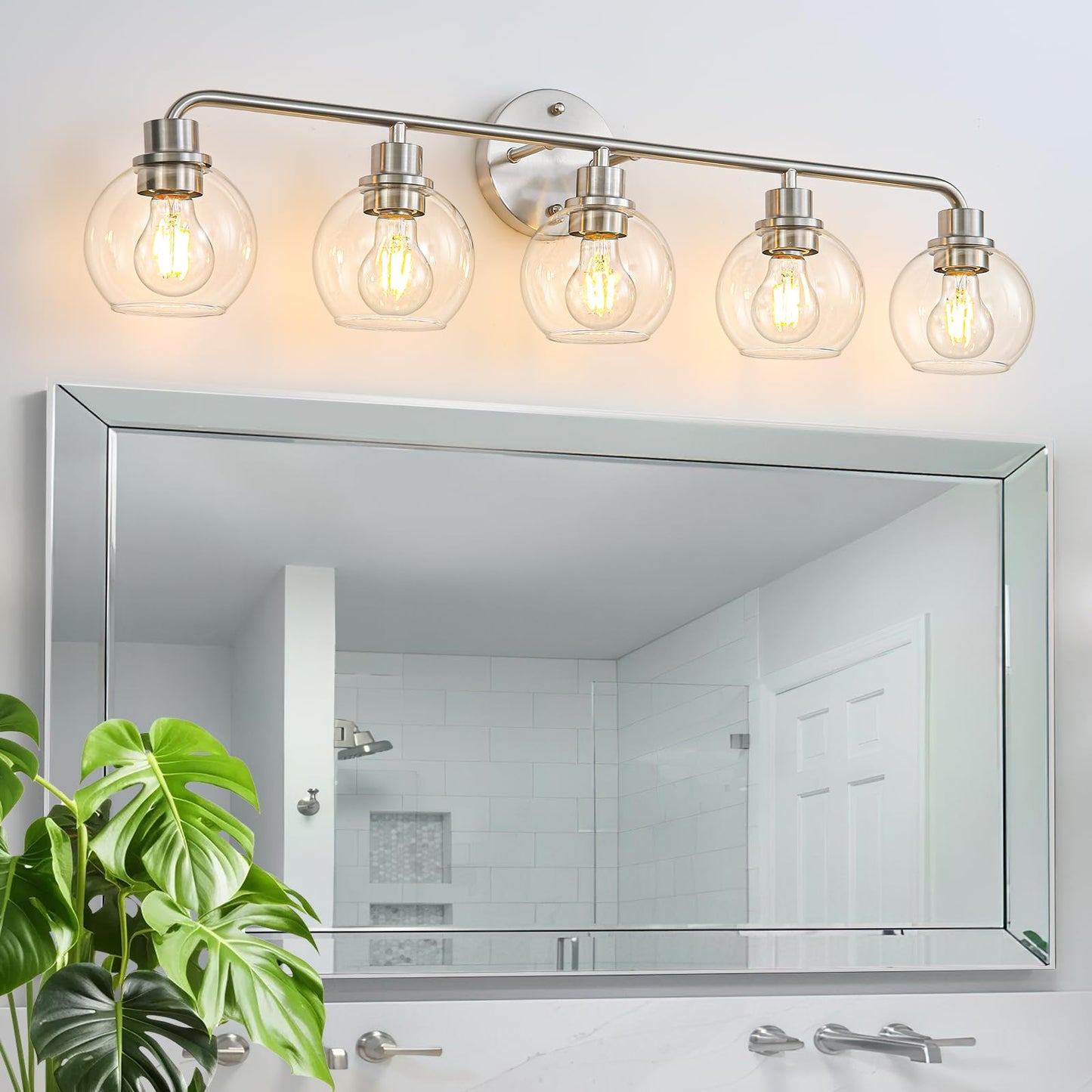 Bathroom Light Fixtures 5 Light Brushed Nickel Vanity Light Silver Modern Wall Sconces Lighting Bathroom Lights with Globe Glass Shade Bath Wall Lights for Mirror Kitchen Living Room Hallway 34.5"