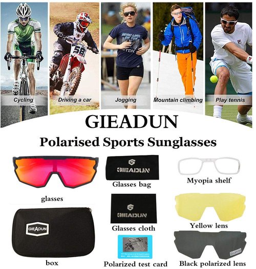 GIEADUN Polarized Sports Sunglasses Cycling Glasses Baseball Sunglasses with 3 lenses,Fishing,Ski Running Golf (black red, Large)