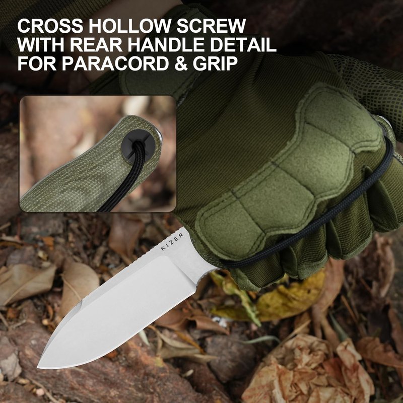 Kizer Drop Bear Fix 3 Fixed Blade Knife, 3.8" 14C28N Blade EDC Camping Knife with Green Micarta Handle, Small Hunting Knives with Sheath, Outdoor Survival Knives with Pocket Clip and Lanyard, 1101A2