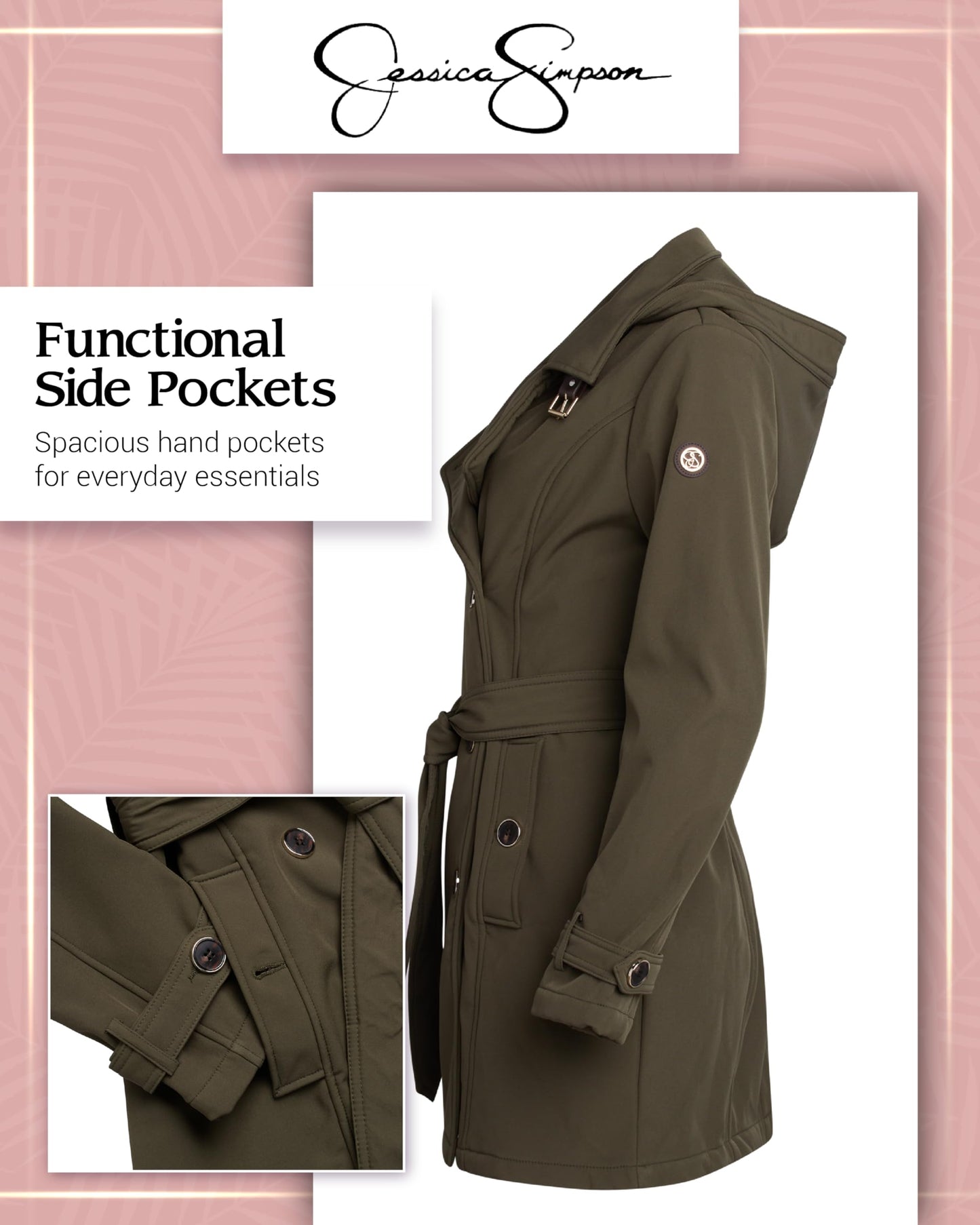 Jessica Simpson Womens Trench Coat - Lightweight Belted Softshell Jacket - Polar Fleece Lined Hooded Long Coat for Women, Size Large, Olive