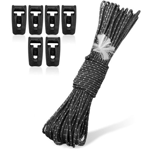 Hikeman Tent Guy Ropes 2mm-Ultralight Strong Guy Lines with Tensioner Reflective UHMWPE Fiber Tent Cord for Camping, Hiking, Backpacking Rope (Black, 39 Feet, 6 Tensioners)
