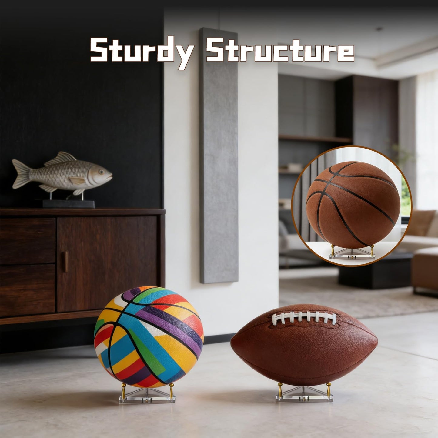 DHSUN 3-Pack Acrylic Football Display Stand, Basketball Display Stand with Gold Metal Rods, Ideal for Displaying Basketballs, Footballs, Soccer Balls, and Volleyballs