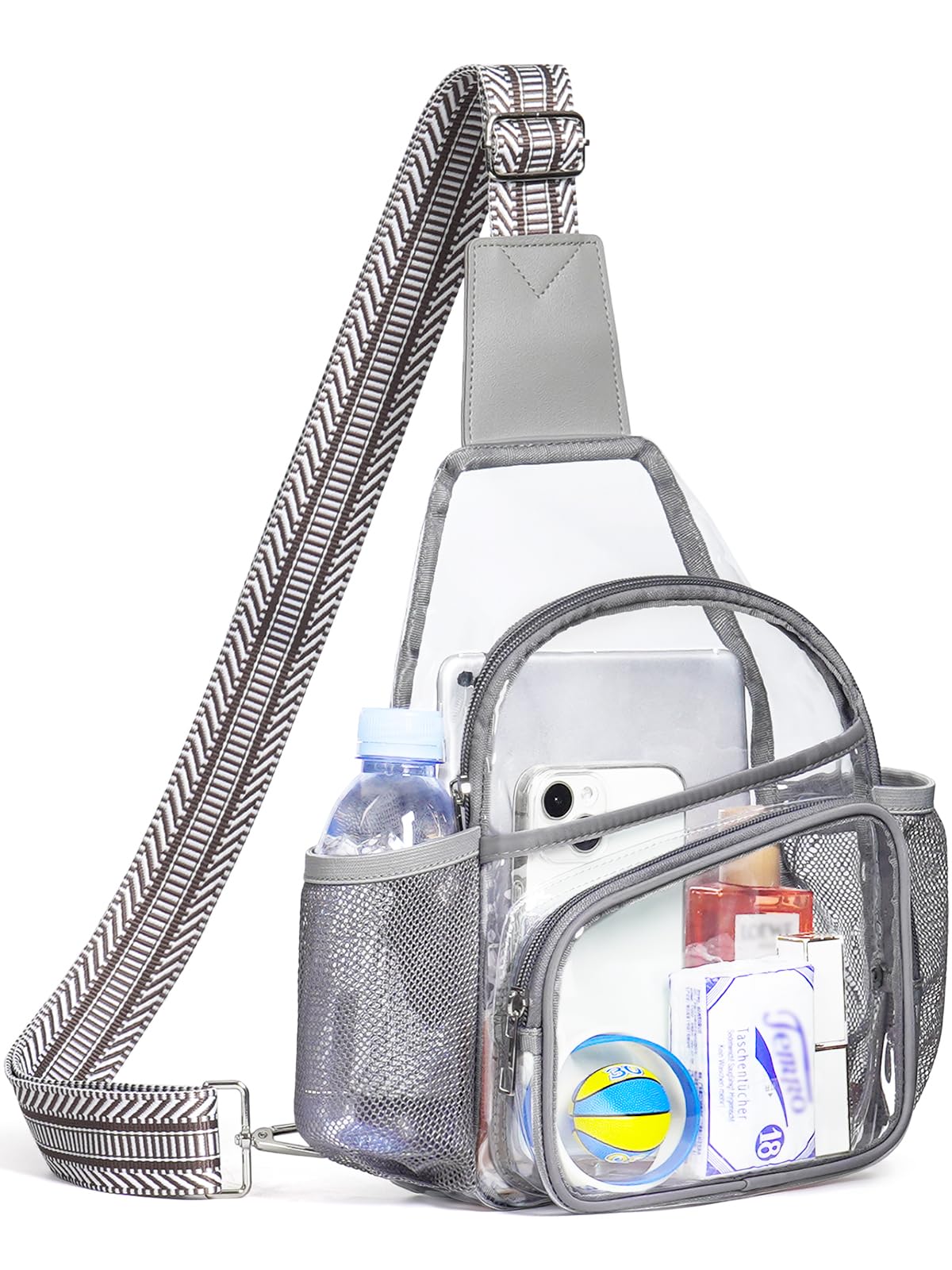 QOECI Clear Bag for Stadium Events, Clear Purses for Women Men, Large Stadium Bag with Water Bottle Holders, See Through Sling Backpack For Concert Sport Gym Travel, Light Grey