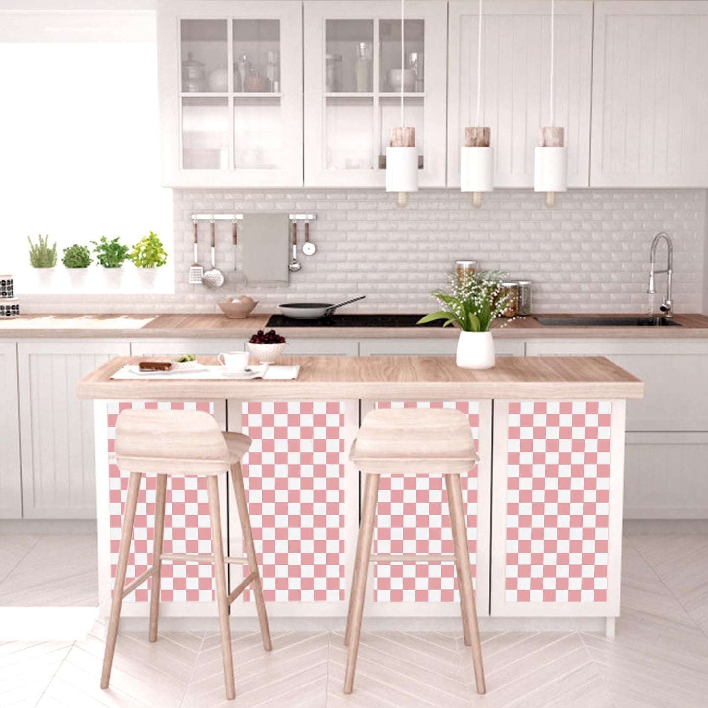 CAX Checkered Peel and Stick Wallpaper 17.3"x120" Pink and White Mosaic Checkered Contact Paper Peel and Stick Modern Self Adhesive Checkerboard Wallpaper for Bathroom Cabinets Shelf Liner Vinyl