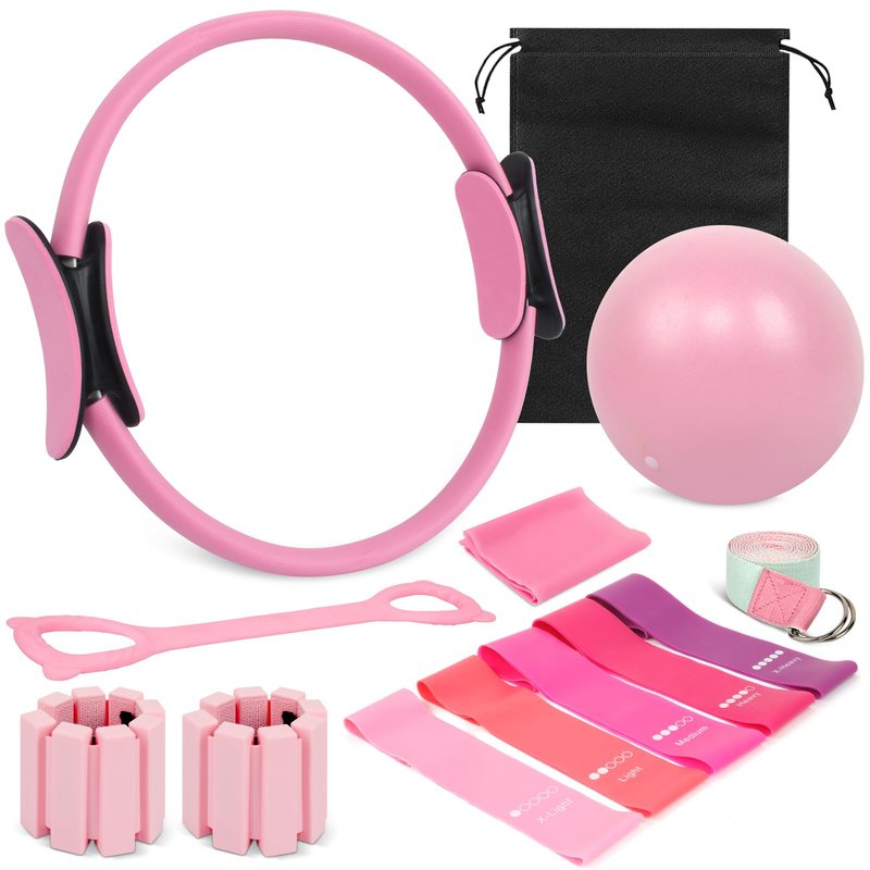 WYDHven Home Pilates Essentials Kit for Women, Complete 13-in-1 Pilates Equipment Ring and Ball Set with 5 TPE Resistance Bands, Ankle Weights, 8-Shaped Pull Band, Stretch Strap and Waterproof Bag