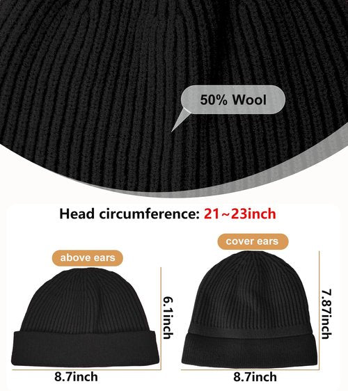 Swag Wool Knit Cuff Short Fisherman Beanie for Men Women, Spring Fall Winter Warm Hats, Trawler Skull Cap, Watch Cap Black