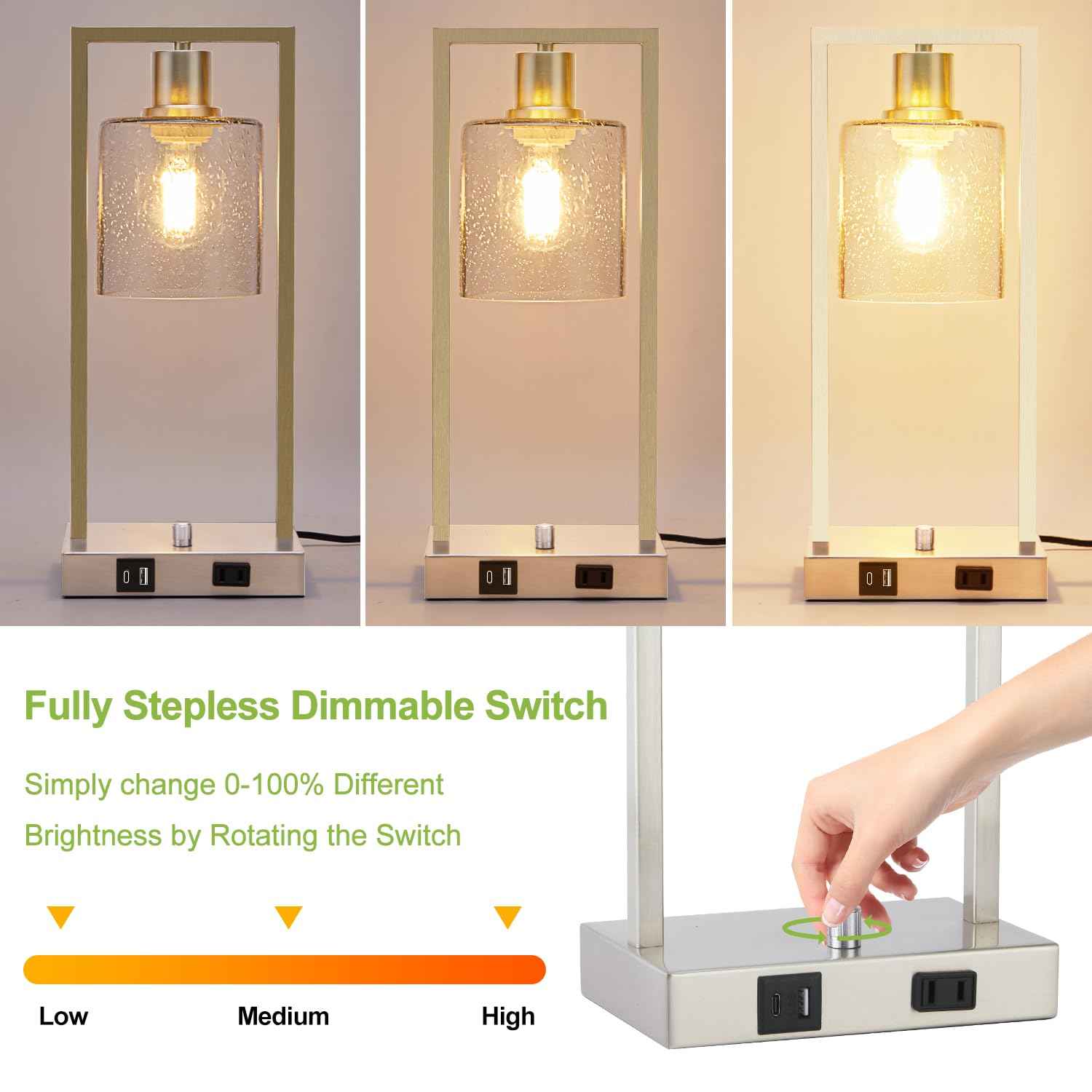 16" Set of 2 Nickel Industrial Table Lamps with USB A+C Charging Ports and AC Outlet, Fully Stepless Dimmable Bedside Lamps with Seeded Glass Shade for Bedroom Living Room Office, LED Bulbs Included