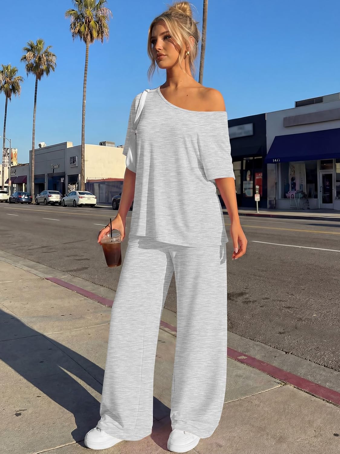 Trendy Queen Women's 2-Piece Lounge Set - Off Shoulder Oversized T-Shirt & Wide Leg Pants | Casual Travel Outfit