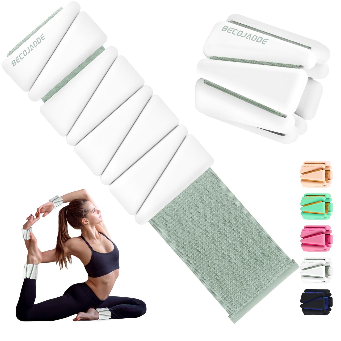 BECOJADDE Ankle Weights Set of 2 (2 lb Each) Wrist Weights for Women Men Adjustable Arm & Leg Weighted Bangles Wristbands for Home Pilates, Walking, Yoga, Workout, Pool Exercise White Green