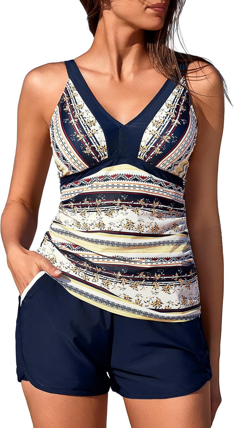 Summer Mae Tankini Swimsuit for Women - Sporty Color Block Design with Side Pockets | Two-Piece Set