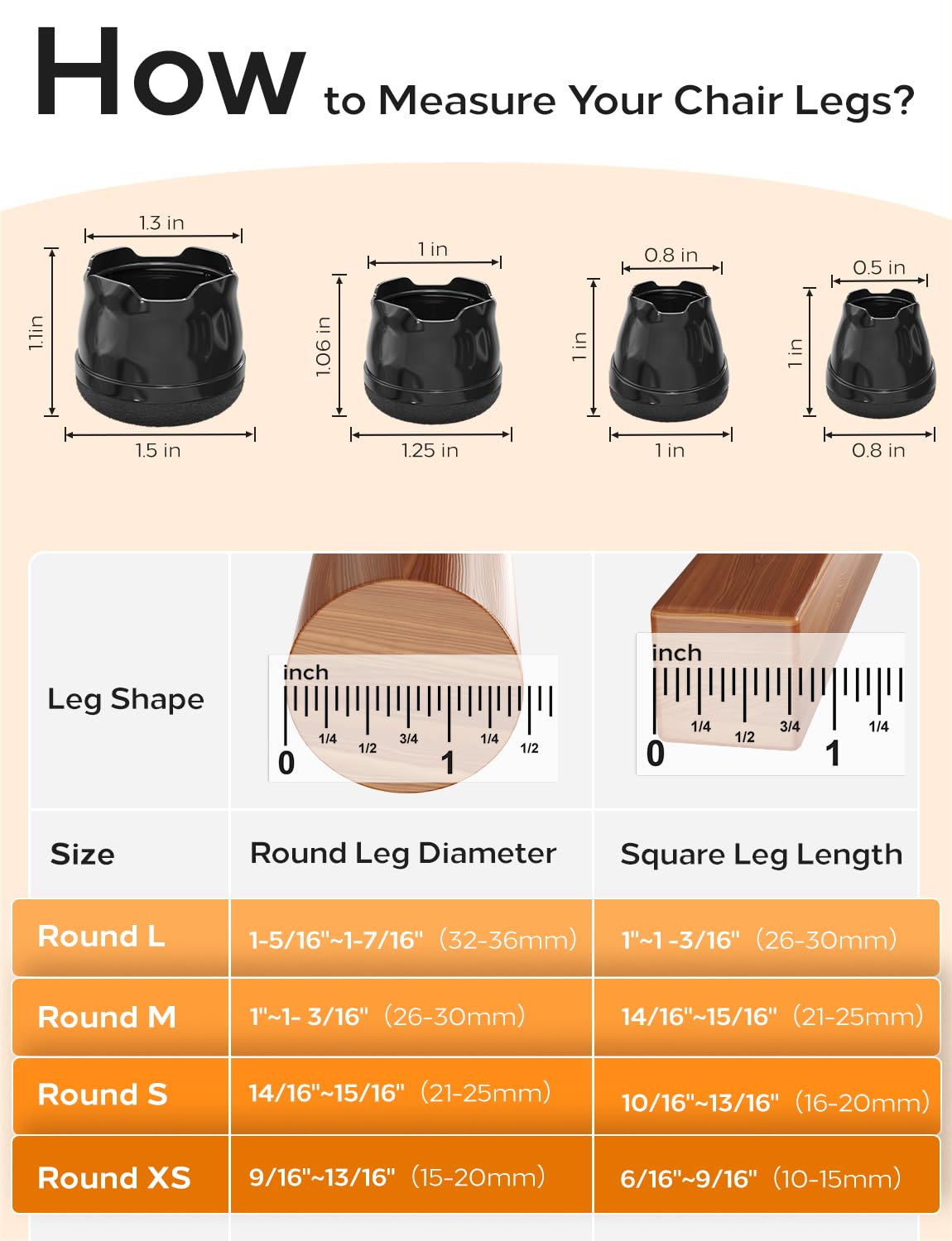 yomanta Upgrade 24 PCS Silicone & Felt Chair Leg Floor Protectors for Hardwood Floors - Furniture Pads, Chair Leg Covers/Cups - No Noise & Scratch-Proof - Round M (Fits 1"-1 3/16" / 26-30mm), Black