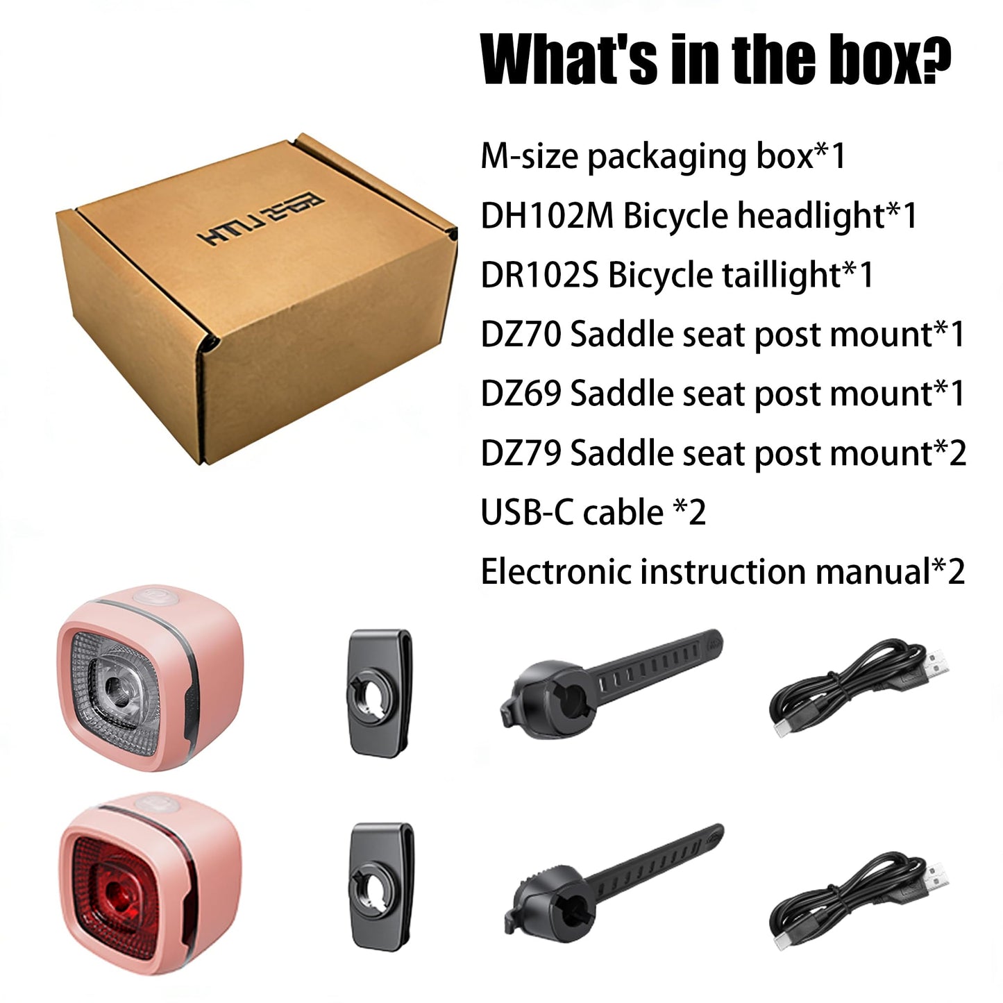 G2FS LITH Bicycle Front & Rear Lights, Type-C Rechargeable LED Bike Light Set, IPX6 Waterproof Flashlight for Night Riding, Safety Headlight Taillight, Kids Girls Children's Bicycle Accessories (Pink)