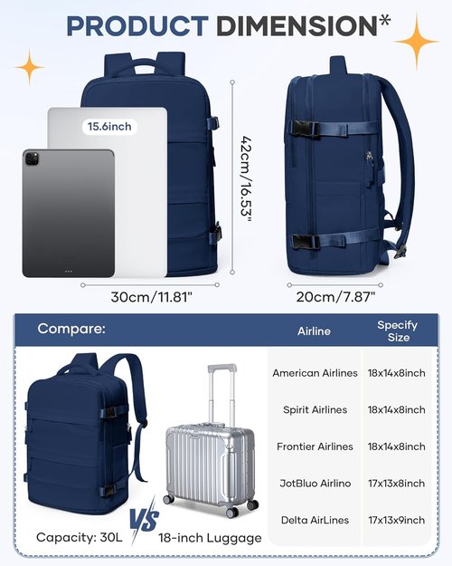 Coofay Travel Backpack - Versatile Carry-On Bag for Airplanes | Sapphire Blue, Ideal for Women & College Use