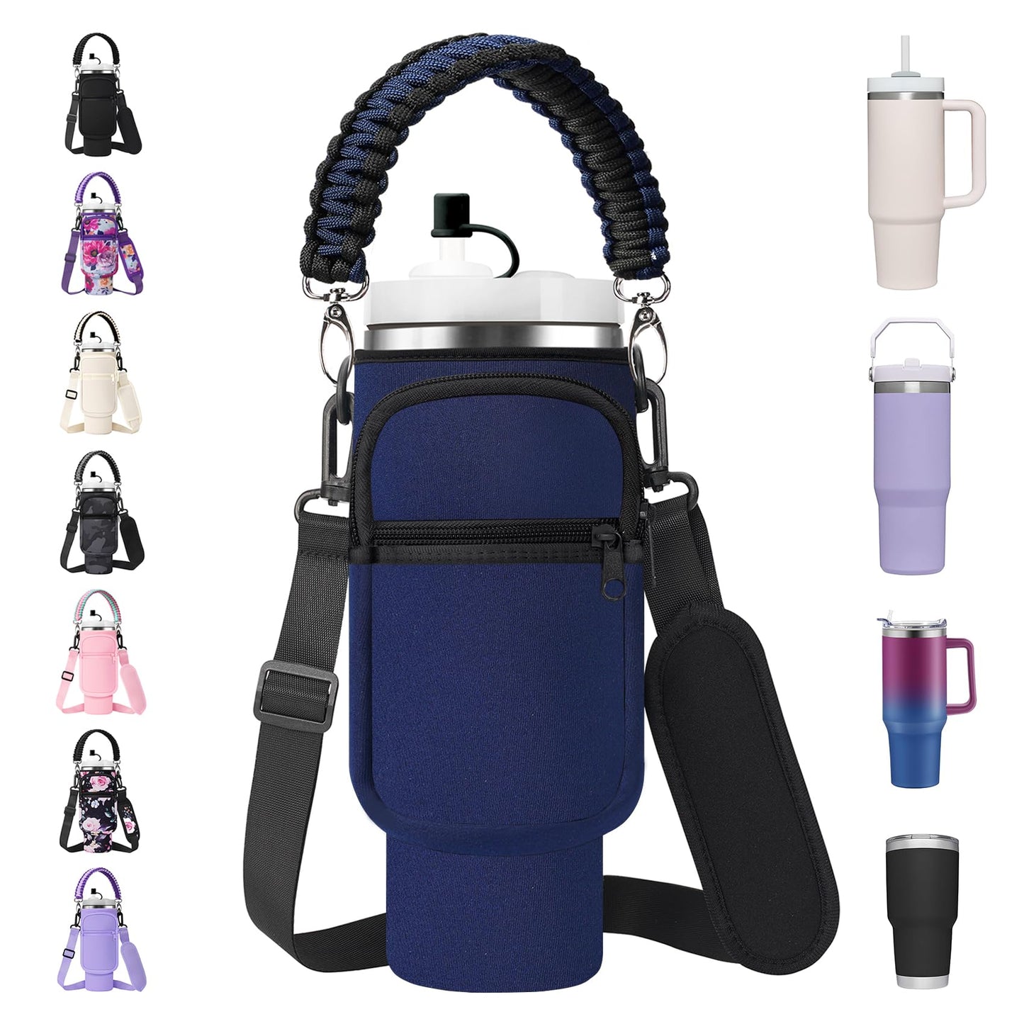 AceTreker Water Bottle Carrier Bag for Stanley 30/40oz Tumbler with Handle Simple Modern Sleeve Holder with Strap & 2 Pockets Neoprene Metal Travel Coffee Mug Carrying Accessories-Black