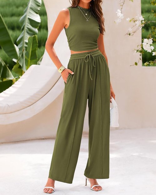 BTFBM Summer Outfits | Women's Cropped Sleeveless Tank Top & Wide Leg Pants Set - Beach Lounge Wear