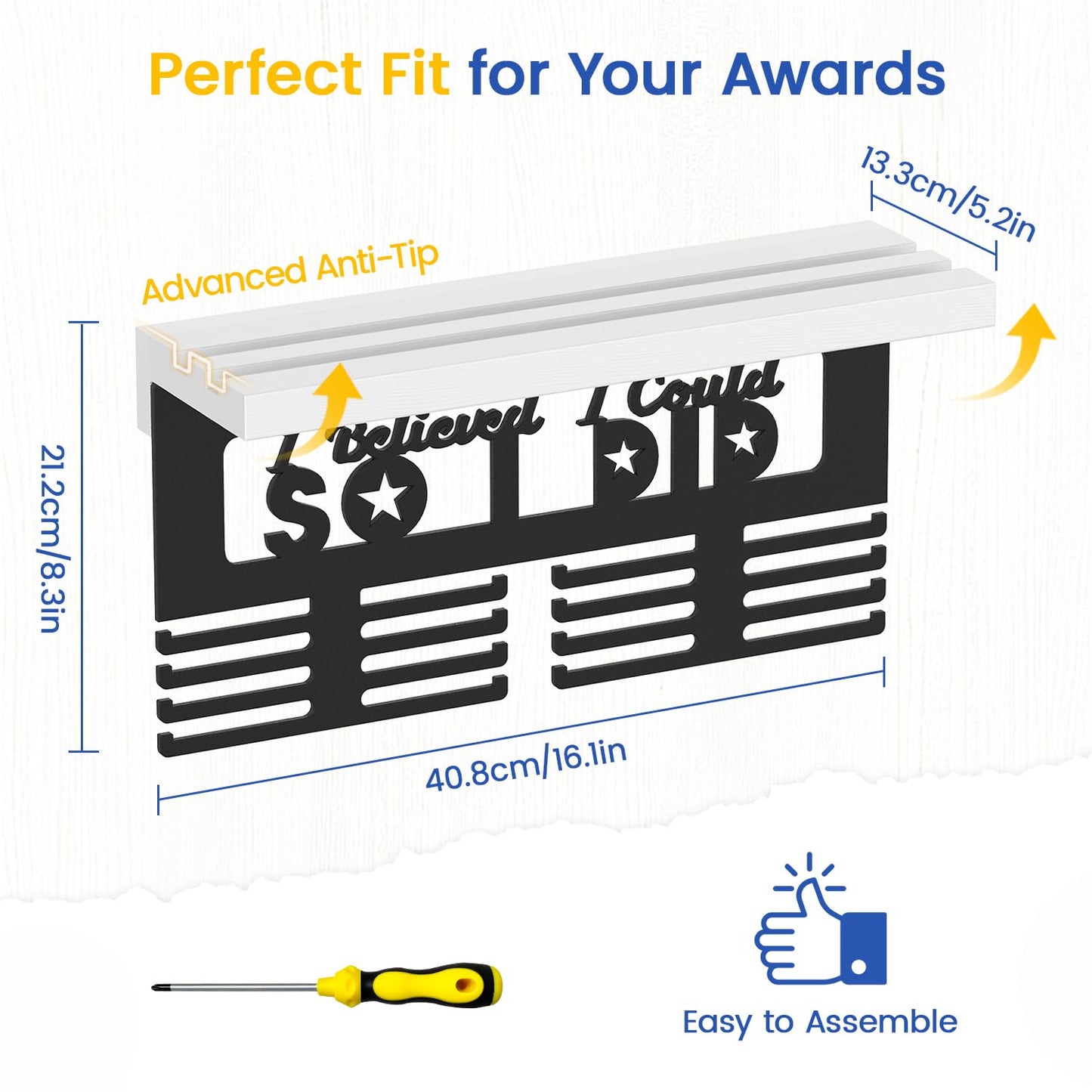 DSVENROLY Medal Hanger Display, Trophy Shelf, 16 Metal Hooks, Black & White