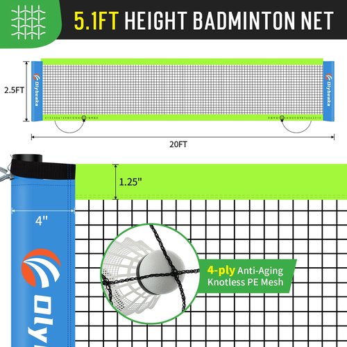 20ft Portable Outdoor Badminton Net Set for Driveway Backyard, Beach, Park with Durable Anti-Sag PE Net, Heavy Duty Steel Poles, 4 Badminton Rackets, 3 Shuttlecocks and 600D Carry Bag