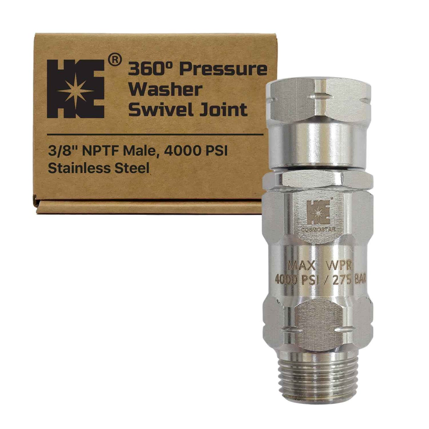 Cosmostar Stainless Steel 3/8" NPT-M 360° Pressure Washer Swivel – Enhanced Leak-Proof High-Flow Design and 4000 PSI – Not for M22 Threads
