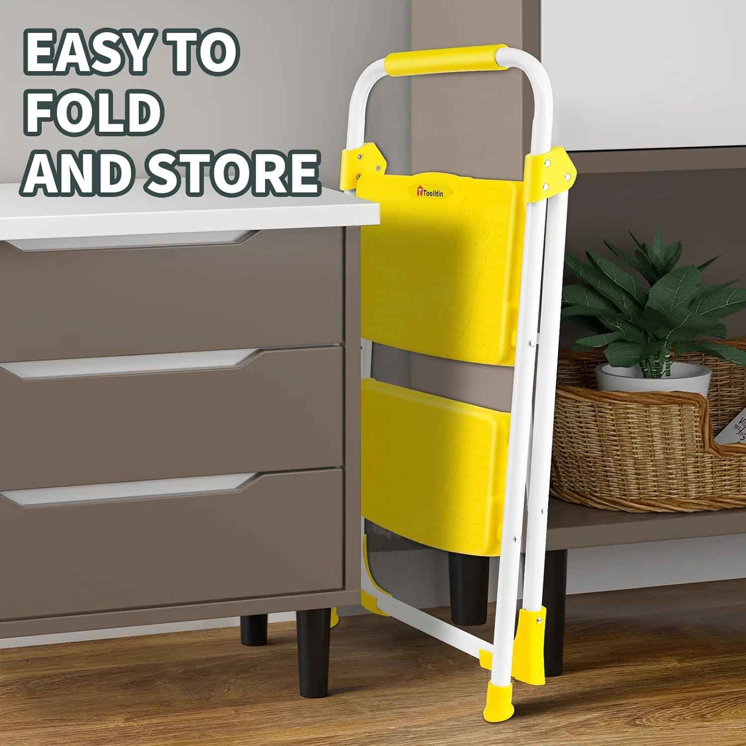 Portable 3-Step Folding Ladder - Sturdy Steel Step Stool with Anti-Slip Pedal & Handgrip, 500lbs Capacity for Home & Office