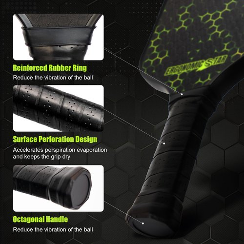 Ergonomicstar Pickleball Paddles Set of 2, T700 Carbon Fiber Face & 16mm Honeycomb Core Pickleball Paddle with 4 PickleBalls 2 Grip Tapes Carry Bag, Indoor Outdoor, Gift for Men Women(Green Texture)