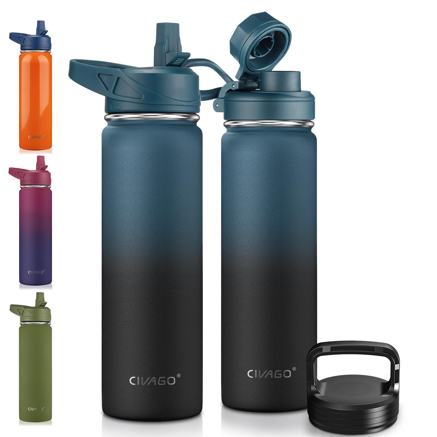 CIVAGO 32 oz Insulated Water Bottle With Straw, Stainless Steel Sports Water Cup Flask with 3 Lids (Straw, Spout and Handle Lid), Wide Mouth Travel Thermal Mug, Meadow