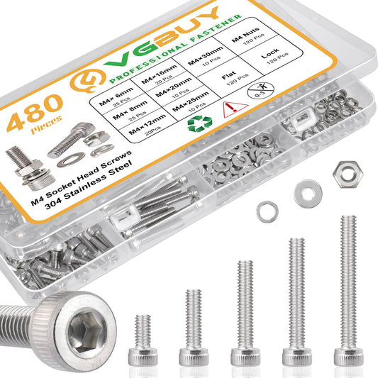 VGBUY 480pcs M4 Screws Assortment, M4 Screws (7 Sizes 6-30mm) for 3D Printer DIY, Hex Socket Head Cap Screw Bolts Nuts Washer Kit, 304 Stainless Steel, 6/8/12/16/20/25/30mm