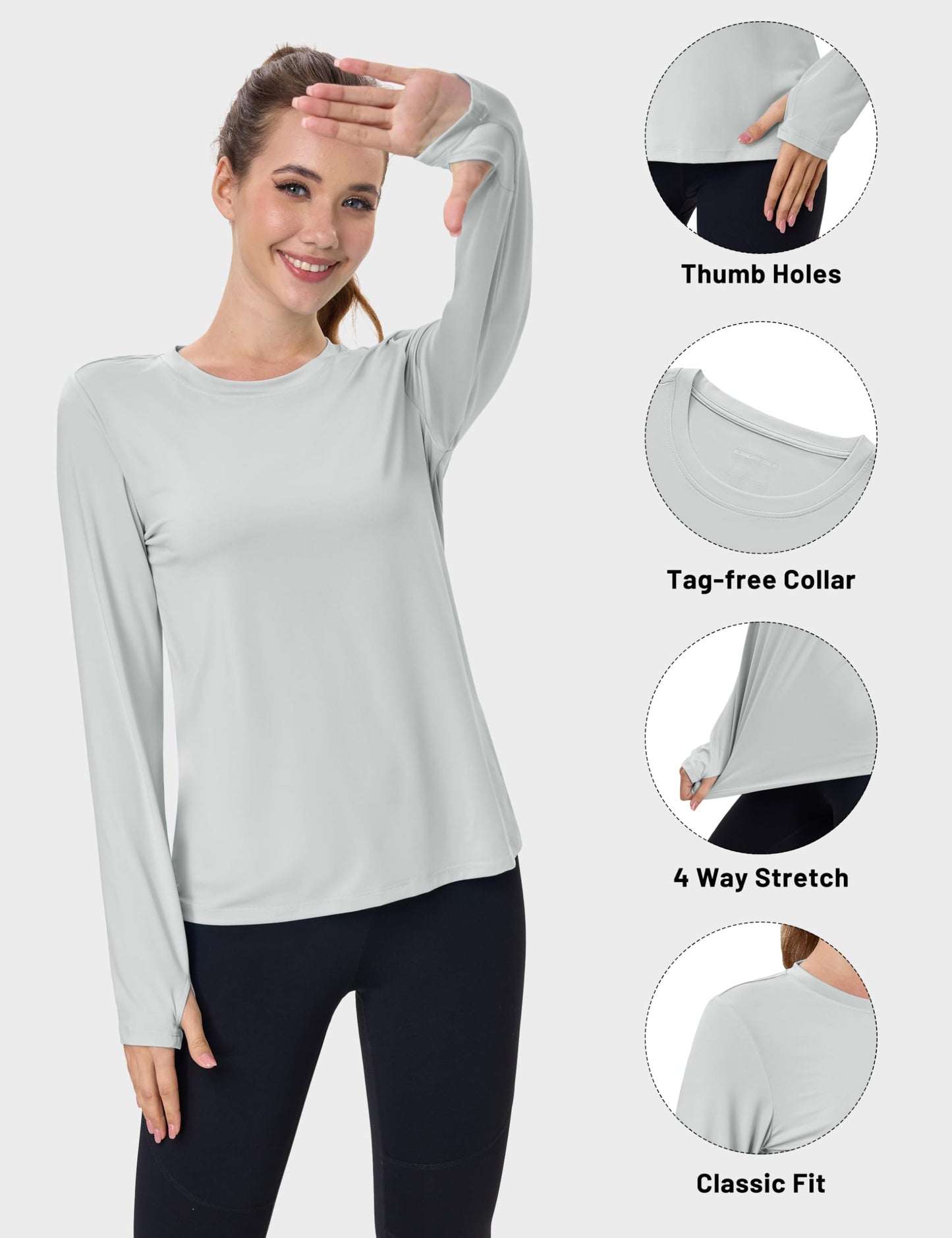MAGCOMSEN Women's UV Protection UPF 50+ Long Sleeve Quick Dry Fit Cooling Sunscreen Shirts Gym Fishing Tops Light Grey L