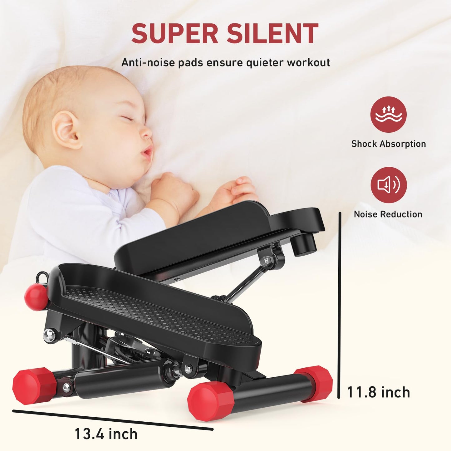 LUBBYGIM Mini Stepper with Resistance Bands, Steppers for Exercise at Home, Stair Stepper with 350lbs Loading Capacity for Full Body Workout, Red