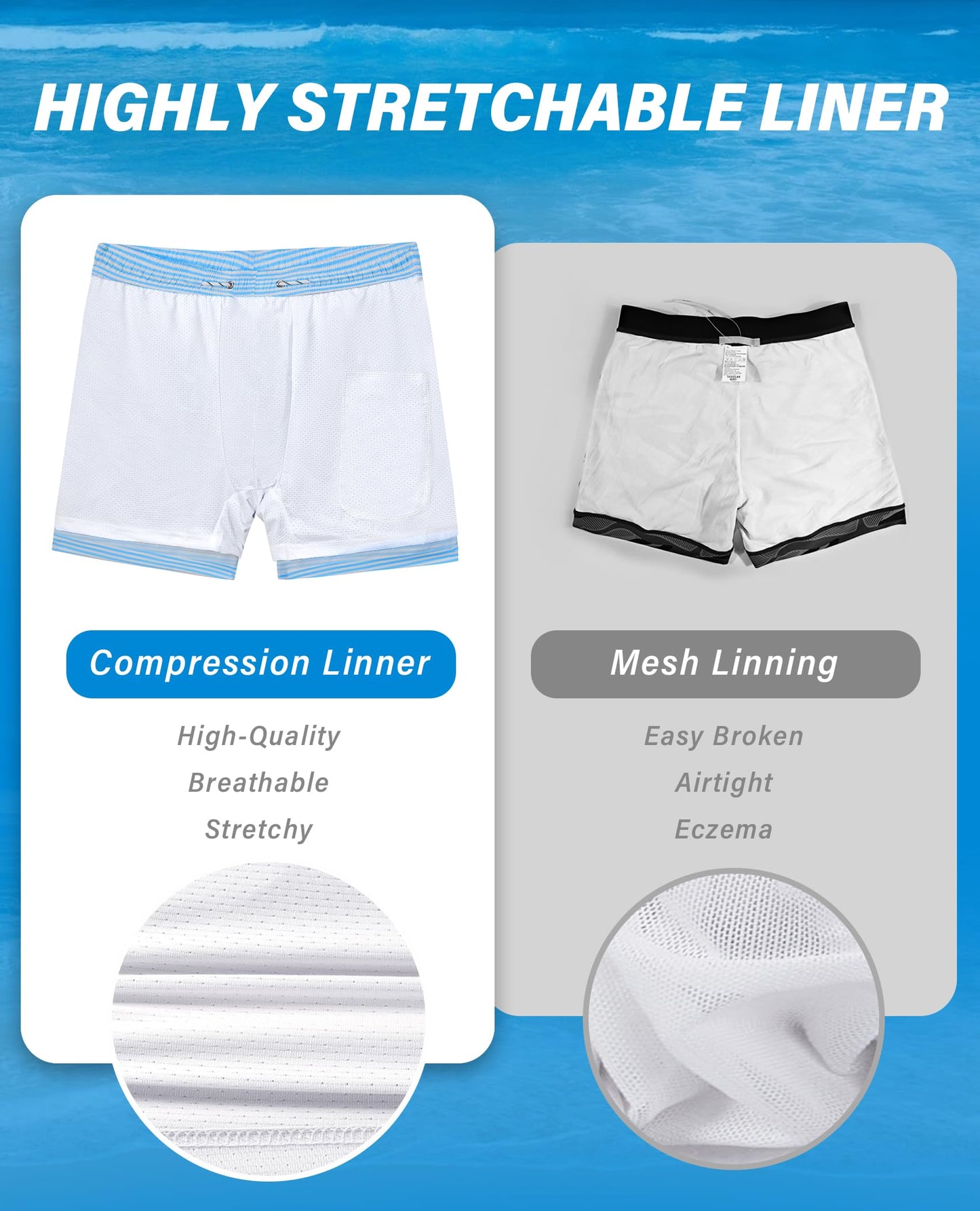 Gleeease Mens Swim Trunks with Compression Liner Mens Swimming Trunks 5 inch with Compression Liner Pockets Drawstring Quick Dry Stretch Lined Funny Beach Swimming Pool Surf Striped Blue Medium