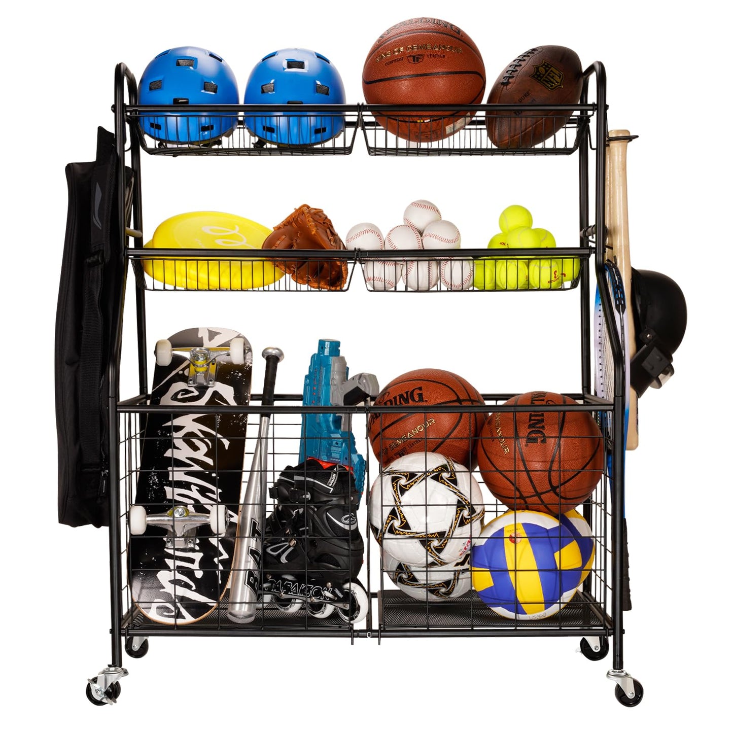 WEYMILA Sport Equipment Organizer for Garage, Steel Basketball Rack with Baseball Bat Holder and Hooks, Easy Assembly Storage for Balls, Kids' Toys, and Workout Gear in Basement, Home Gym, Outdoor