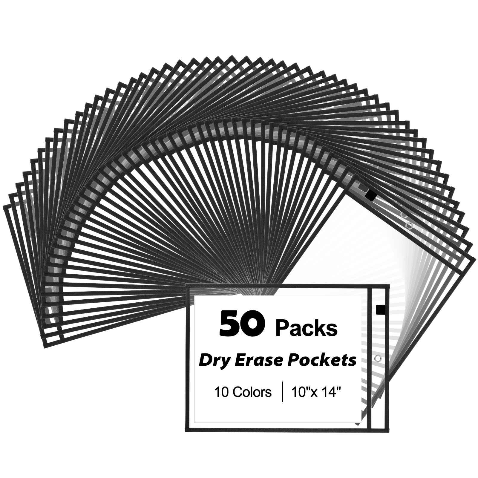 EEHZTSI 50 Packs Dry Erase Pocket Sleeves, Reusable Clear Plastic Classroom Sleeves, 10x14 Inch Ticket Holders, Plastic Sleeves for School/Office Organization Black