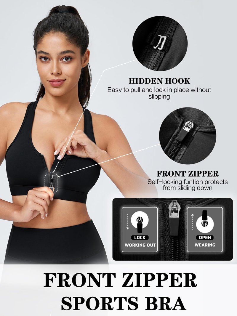 Zip Front Closure High Impact Sports Bra for Women Post Surgery Racerback Sports Bra High Support Workout Running Bras Black