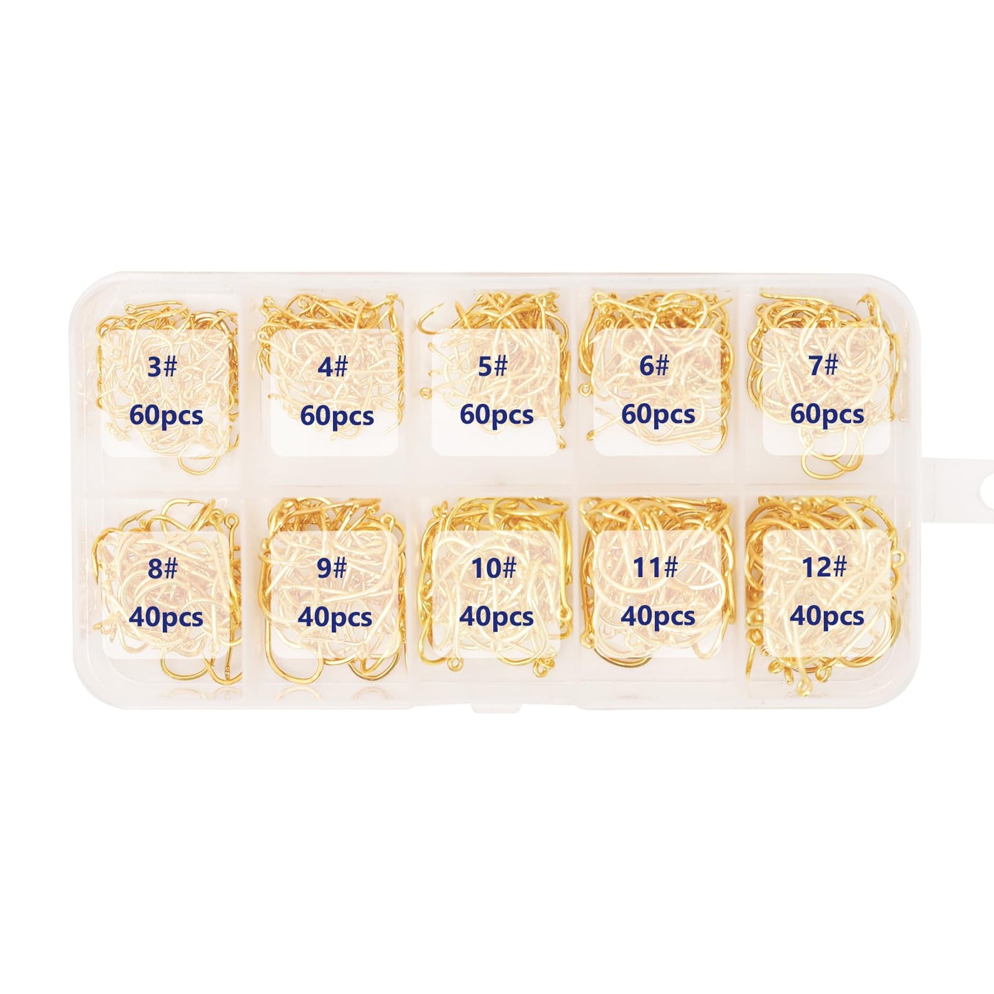 UCEC 500pcs Fishing Hooks Set Freshwater Saltwater High Carbon Steel 10 Different Sizes Small Fishing Hooks in a Plastic Box for Catfish Trout Bait Fishing Color Gold