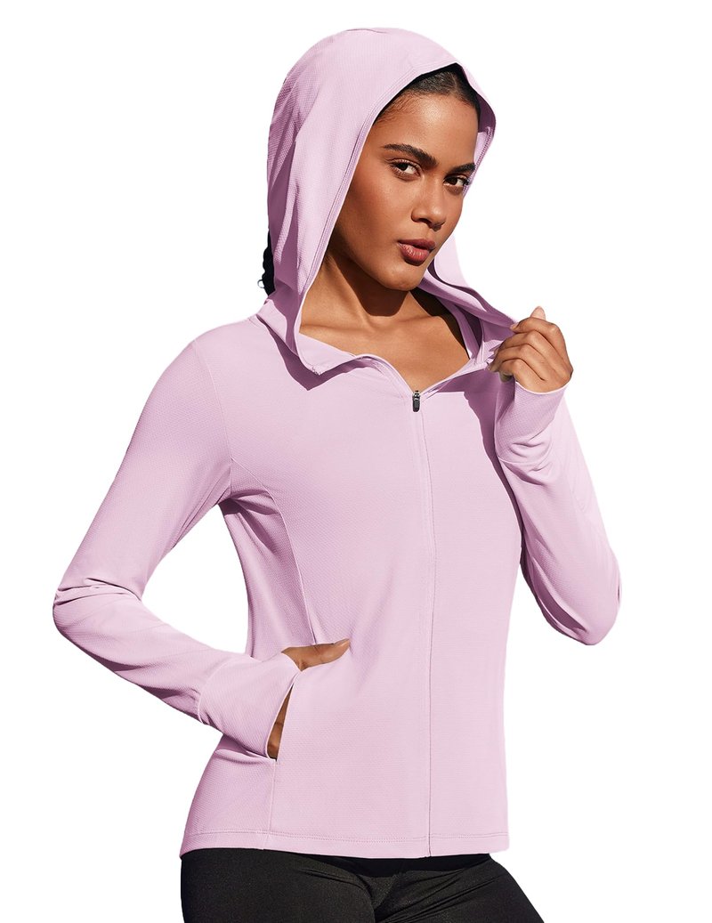 PINSPARK Women's UPF 50+ Sun Protection Jacket Hooded Full Zip Up Lightweight Sports Jackets with Thumb Holes Long Sleeve Gym Tops with Pockets Pink XL
