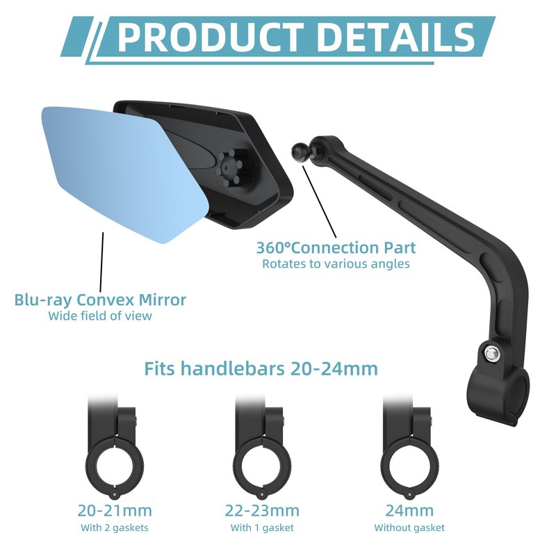 Bicycle Mirrors for Handlebar 20-24mm, Blu-ray Scratch Resistant Glass Lens, Bicycle Rear View Mirror Fit for Scooter, Motocycle