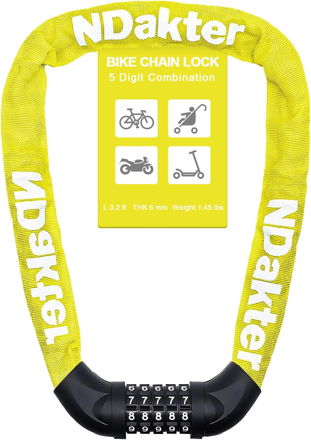 NDakter Heavy-Duty Bike Lock - 5 Digit Combination Anti-Theft Chain Lock, 6Ft Long, High Security