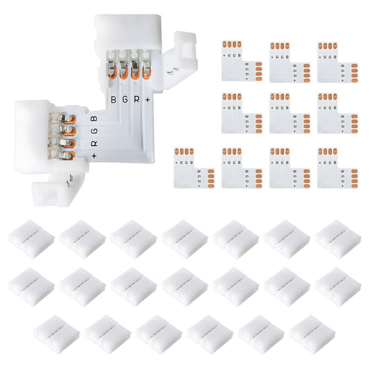JACKYLED L Shape 8mm 4-Pin LED Strip Connectors 10-Pack Total 32pcs, Unwired Solderless LED Light Connectors for 8mm Wide 4-Pin Strip Lights - 8mm 4pin 10 Pack