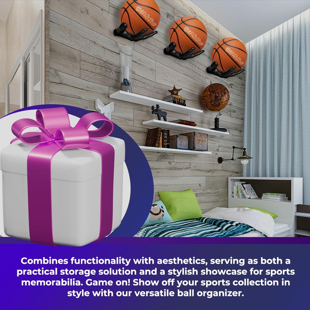Skiennix Wall-Mounted Ball Holder - Premium Resin Display for Basketball, Soccer, Football | Secure Sports Room Decor