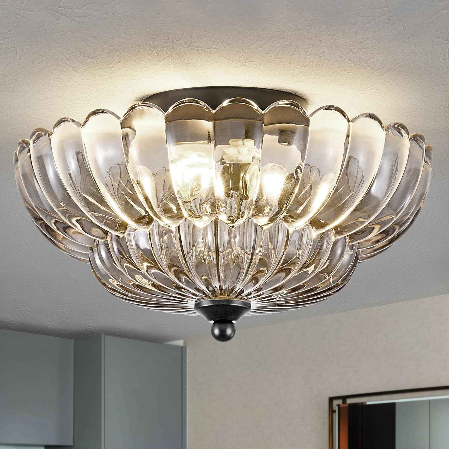 Modern 3-Bulb Semi Flush Mount Ceiling Light Fixture - Vintage Amber Glass for Bedroom, Kitchen, Living Room