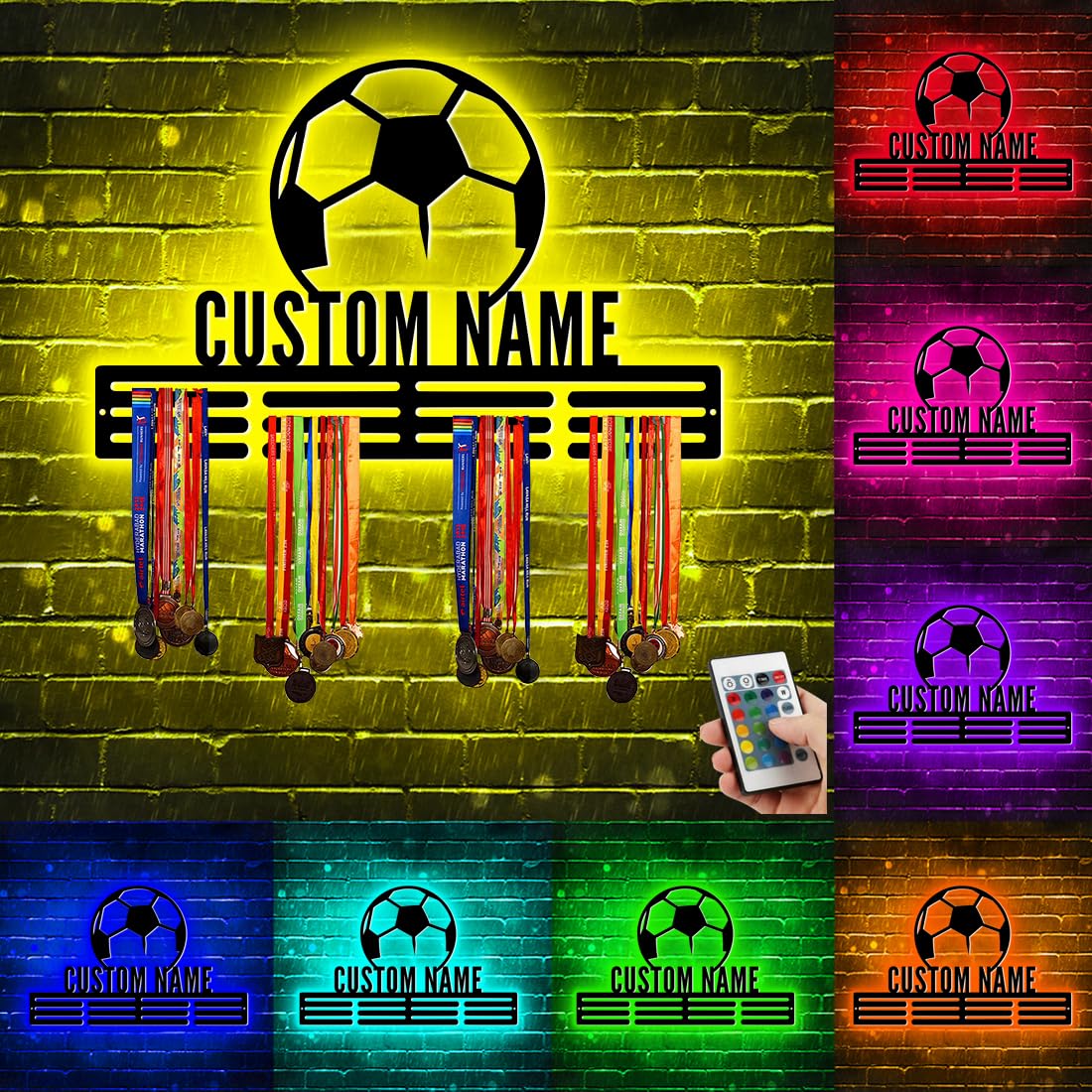 XIAO.Z Personalized Metal Soccer Medal Hanger Holder Display Rack for Awards Ribbons With LED Light - Custom Sports Medal Holder for Wall - Boy Girl Kid's Name