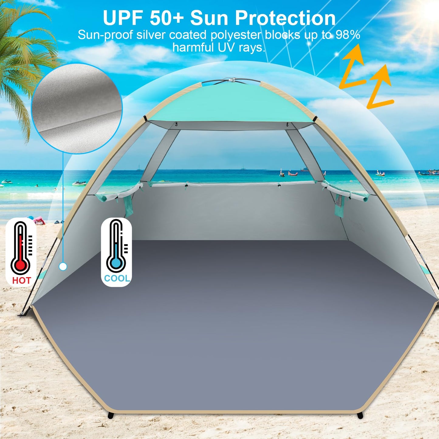 Gorich Beach Tent Sun Shelter for 3/4/6/8/10 Person with UPF 50＋ UV Protection, Lightweight & Easy Setup Beach Shade Canopy, Portable Beach Shade Tent Beach Cabana