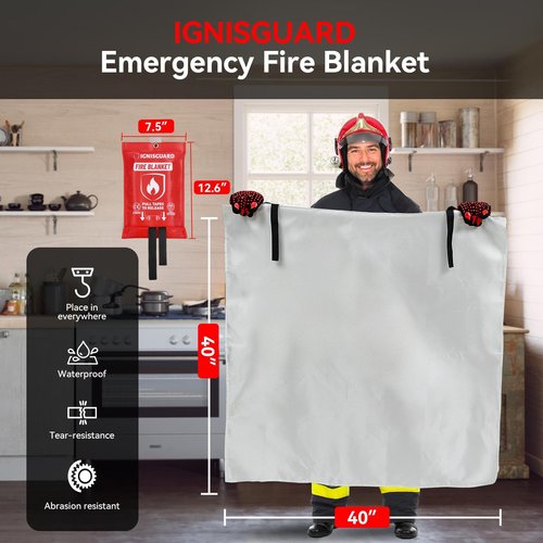 IGNISGUARD Fire Blankets 4 Pack, 40x40in with 1 Pair Fire Resistant Gloves & 4 Hooks, Fiberglass Fire Blankets Emergency for Home and Kitchen, Suppressant for Grease & Electrical Fires, RV, Camping