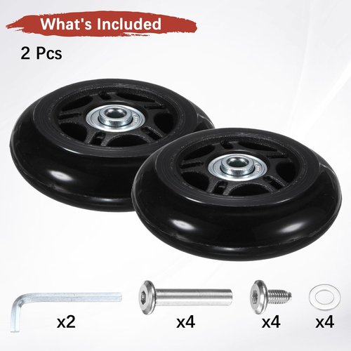 TIXIPEM Luggage Suitcase Replacement Wheels [2pcs] - 75 x 24 mm Rubber Scooter Wheels Repair Kit W/ABEC-7 Bearings and 6mm Axles for Trolley & Carry-on Roller Travel Suitcases - [Black]