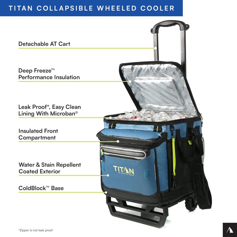 Titan by Arctic Zone Collapsible Wheeled Soft Sided Cooler with Detachable Rolling AT Cart, Insulated Bag with Leak Proof Lining, for Travel, Beach, Picnic, 60 Can Capacity, Marine Blue